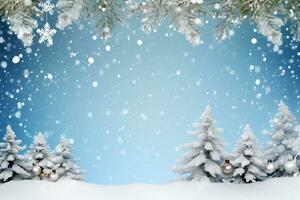 AI generated christmas bokeh effect background with pine branches, cones, and space for inscription photo