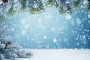 AI generated christmas bokeh effect background with pine branches, cones, and space for inscription photo
