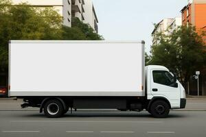 ai generado limpiar blanco blanco entrega , lado ver de llanura coche carga portador con grande espacio para diseño, transporte logística Bosquejo foto