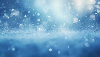 AI generated Beautiful background image of small snowdrifts, falling snow and snowflakes in white and blue tones. photo