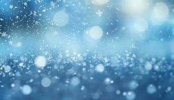 AI generated Beautiful background image of small snowdrifts, falling snow and snowflakes in white and blue tones. photo