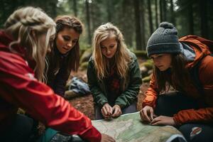 AI generated travelers in the forest looking in the map photo