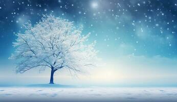 AI generated Beautiful background image of small snowdrifts, tree falling snow and snowflakes in white and blue tones. photo