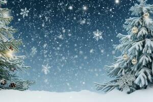AI generated christmas bokeh effect background with pine branches, cones, and space for inscription photo