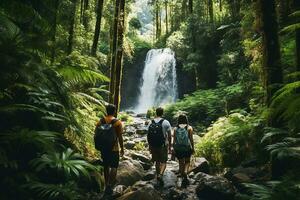 ai generado personas de viaje en el medio de el bosque foto