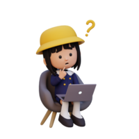 3D cute girl character confused on a laptop png