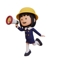 3D cute girl Character jumping and talking on Megaphone png