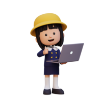 3D cute girl character give a thumb up while holding a laptop png