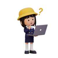 3D cute girl character confused on a laptop png