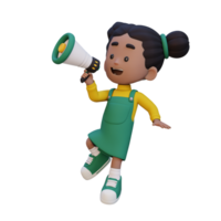 3D cute girl Character jumping and talking on Megaphone png