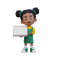 3d Mädchen Charakter halten und präsentieren zu ein Laptop mit leeren Bildschirm png