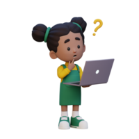 3d fofa menina personagem confuso em uma computador portátil png