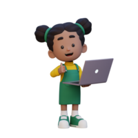 3d linda niña personaje dar un pulgar arriba mientras participación un ordenador portátil png