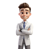 ai généré 3d dessin animé homme dans blanc costume. homme d'affaire personnage sur transparent Contexte png