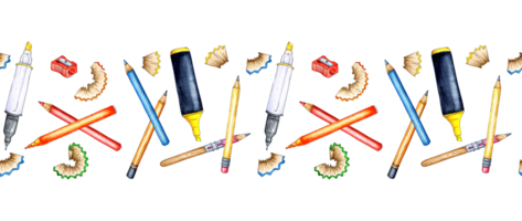 Watercolor illustration horizontal pattern of pens, felt-tip pens, pencils, highlighter, sharpener, office supplies. Back to school. Education concept isolated. hand drawn. png