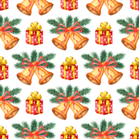 Watercolor illustration of a pattern of Christmas yellow bells, fir branches and a red gift box. Isolated composition for posters, cards, banners, flyers, covers, placards png