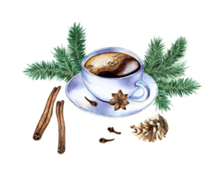 acuarela ilustración de un blanco taza con café, verde abeto sucursales, pino cono, anís, canela y clavos de olor. aislado composición para carteles, tarjetas, pancartas, volantes, cubiertas, pancartas png