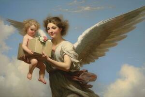 AI generated Angel with gift box and little girl in the blue sky background, A cherub delivering a Mother's Day gift, AI Generated photo