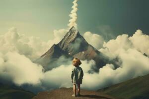 AI generated Little boy looking at the top of a mountain with smoke in the clouds, A child sending smoke signals from a mountain peak, AI Generated photo