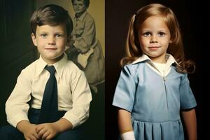 ai generado retrato de un hermosa pequeño chico y niña en colegio uniforme, un infancia imagen recreado por creciendo niños para mamá, ai generado foto