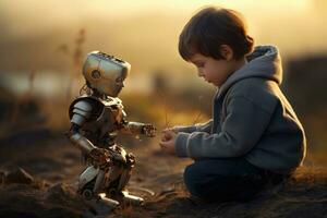 ai generado pequeño chico jugando con un juguete robot en el campo a atardecer, un niño jugando con un juguete robot, ai generado foto