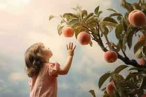 ai generado niño cosecha manzanas en manzana árbol en huerta. pequeño niña cosecha maduro manzanas desde árbol al aire libre. cosecha tiempo, un niño alcanzando para un orgánico melocotón en un árbol, ai generado foto