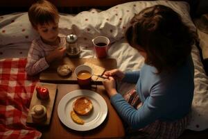 AI generated Mother and daughter having breakfast together in bed at home in the morning, A child giving mom breakfast in bed with homemade cards, AI Generated photo