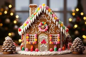 ai generado pan de jengibre casa con Navidad árbol en fondo, de cerca, un Navidad pan de jengibre casa con caramelo decoraciones, ai generado foto