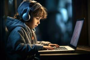 AI generated Cute little boy in headphones using a laptop computer at home. Child learning online, A child using a computer to master a new skill, AI Generated photo