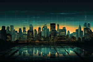 AI generated Abstract technology background with binary code and cityscape. Network concept, A city skyline at dusk with the building lights, AI Generated photo