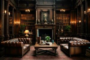 AI generated Interior of a classic library with fireplace, books and armchairs, A classic Victorian era library with leather-bound books and wooden furniture, AI Generated photo