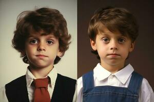 ai generado retrato de un pequeño chico en un azul camisa y un atar, un infancia imagen recreado por creciendo niños para mamá, ai generado foto