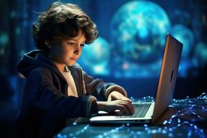 AI generated Little boy playing with a laptop computer on a dark blue background, A child using a computer to master a new skill, AI Generated photo