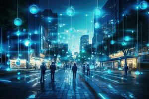 ai generado personas caminando en el calle con digital interfaz. tecnología concepto. 3d representación, un ciudad calle iluminado por inteligente LED luces, ai generado foto