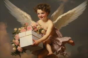 ai generado pequeño ángel con un caja de regalos y flores en un oscuro fondo, un querubín entregando un de la madre día regalo, ai generado foto