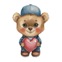 AI generated Cute bear wearing a hip hop hat holding a heart shaped balloon png