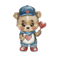 AI generated Cute bear wearing a hip hop hat holding a heart shaped balloon png