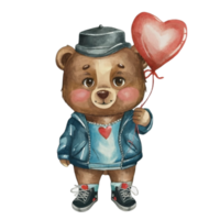 ai généré mignonne ours portant une hanche saut chapeau en portant une cœur en forme de ballon png