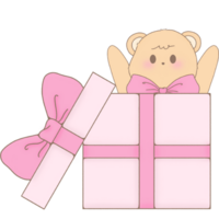 Pink gift box with baby bear doll present open box surprise gift box with ribbon bow valentine png