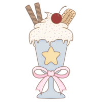 carino pastello ghiaccio crema con rosso ciliegia e cracker nel stella blu tazza decorare con rosa nastro arco png