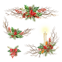 Set of Watercolor illustrations of New Year's compositions from fir branches, holly, rowan, branches. Hand drawn to decorate cards, frames, advertisements, notices, etc. png