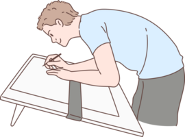 Architech engenheiro personagem desenhando projeto engenheiro inspeção dentro ambiente de trabalho. mão desenhado estilo. png