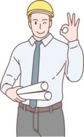 Architech engineer character holding blueprint and pose Ok signs. Hand drawn style. png