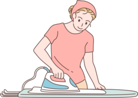 Cleaning service for housework, housekeeper character ironing clothes at home. Hand drawn style. png