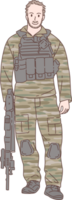 Illustration of soldier officer character, standing holding a gun. Hand drawn style png