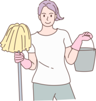 Cleaning service for housework, housekeeper character wiped a wet mop. Hand drawn style. png