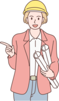 Architech engineer woman character holding blueprint and pointing to present. Hand drawn style. png