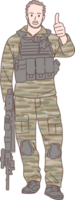 Illustration of soldier officer character, standing holding a gun and thumb up. Hand drawn style. png