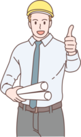 Architech engineer character holding blueprint and pose thumb up. Hand drawn style. png