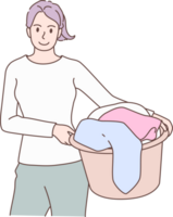 Cleaning service for housework, housekeeper character washing clothes in basin by hands. Hand drawn style. png